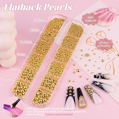 Silver and Gold Nail Charms and Gems wiith Glue, 1.5-5mm Half Round Nail Pearls for Nails with Pickup Pencil and Tweezers, Pearl Nail Charm Rhinestones for Crafting Face Hair Manicure DIY Decor