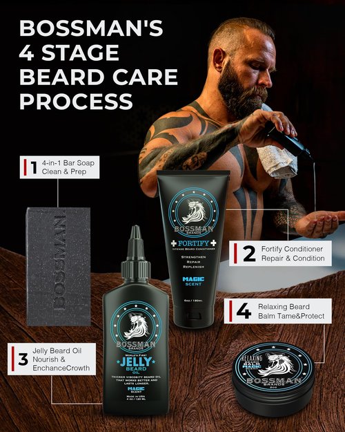 Bossman Jelly Beard Oil for Men & Beard Balm for Men Combo - Softens, Tames Moisturizes & Conditions - Magic Scent - Natural Ingredients & Made in USA