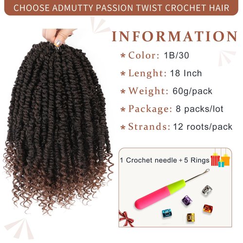 Passion Twist Crochet Hair, Passion Twist Crochet Hair Pre-Twisted 18 inch 8 Packs, Soft Pre Looped Curly Crochet Braid Hair Extension,Pre Looped Crochet Hair For Black Women(T30)