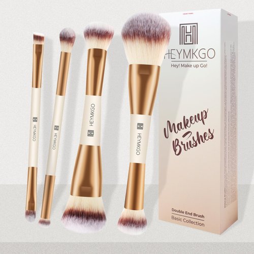 HEYMKGO Makeup Brushes Set, 4Pcs Double-ended Foundation Contour Powder Blush Concealer Eyeshadow Brush Set for Liquid, Cream, Powder for Blending Buffing Professional Face Brush Set Tools(Apricot)