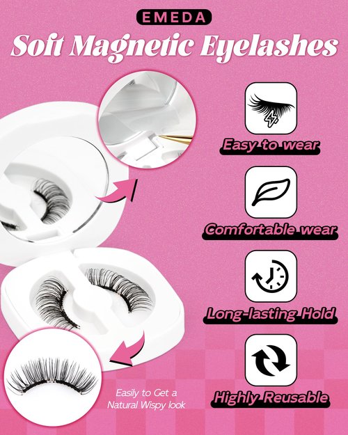 Natural Look Magnetic Eyelashes Kit - 2 Pairs Reusable Double Sided Magnetic Lashes With Applicator and Mirror, Easy To Wear And Remove, No Glue Needed Strip Lashes, Black Faux Cils by EMEDA (#29)