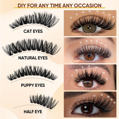 Lash Clusters WispyCluster Eyelash Extensions 320pcs Individual Natural Lashes 8-10-12-14-16mm Lash Extension D Curl DIY Thick False Eyelashes Fox Eye Soft Comfortable with Thin Band (Black-50D)