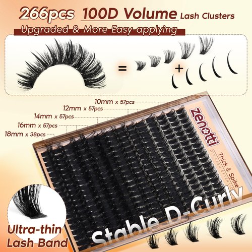 Lash Clusters Volume Eyelash Clusters with Spikes Wispy Fluff Cluster Eyelash Extensions 100D Thick Lashes Extensions DIY Individual Lashes at Home 10-18mm 266pcs by zenotti