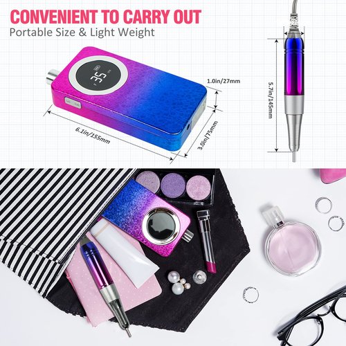 Ecagewill Portable 35000RPM Nail Drill Machine Gradient Color Electric Nail File with TFT Display Rechargeable Efile Professional Nail Drills for Gel Nails for Manicure Pedicure