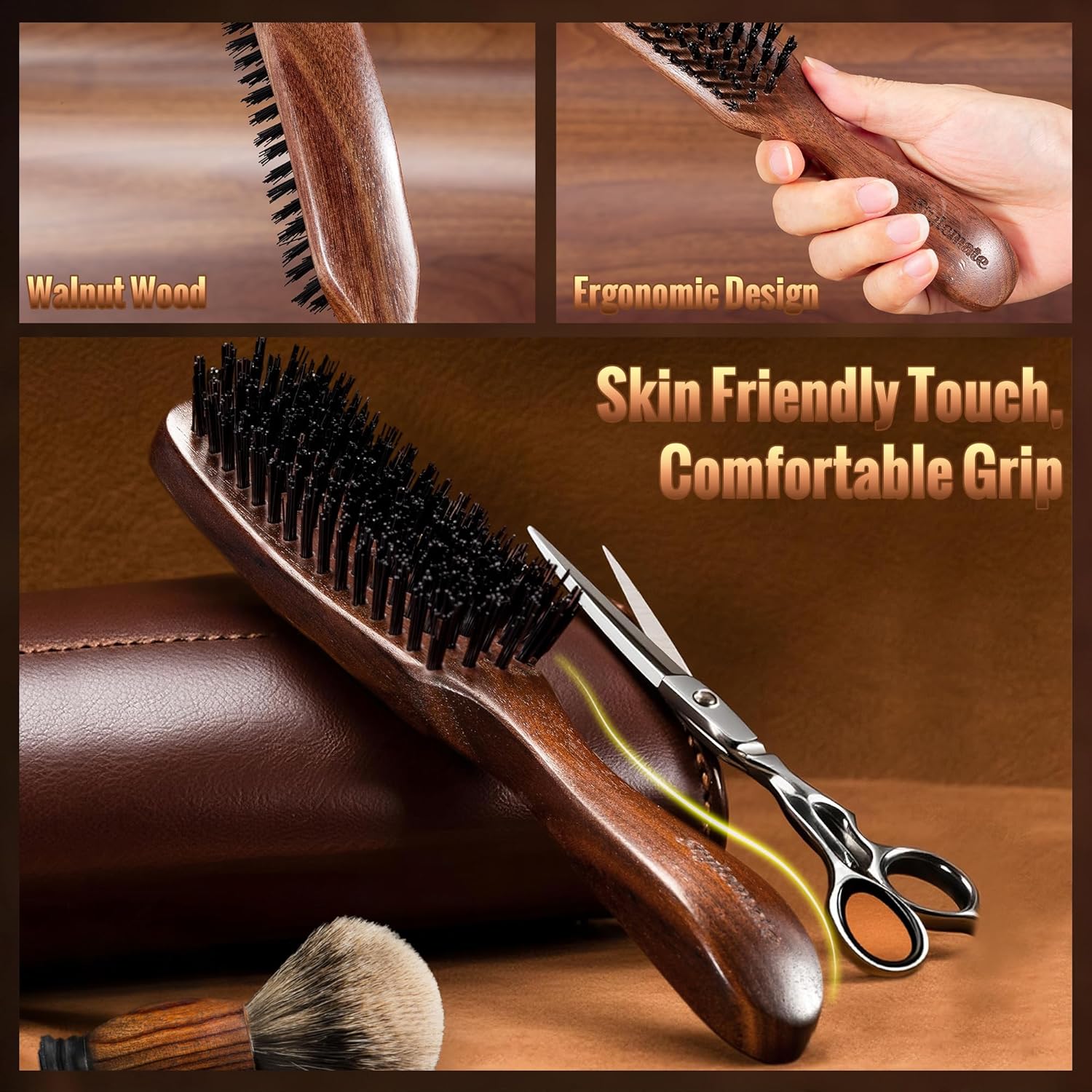 STYLEMATE Hair Brush for Men - Nylon Bristles for Thick Hair | Natural Black Walnut Handle