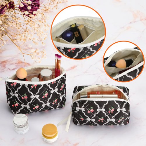 HAOGUAGUA 2 Pieces Makeup Bag, Small Large Quilted Cosmetic Bag, Travel Floral Make Up Toiletry Organizer Bag for Women Girls (2PCS STYLE A-5)