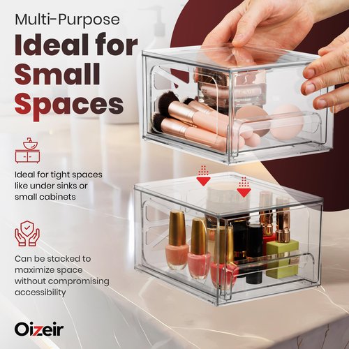 Oizeir Clear Stackable Storage Drawers - 2-Pack Acrylic Makeup Organizer Bins for Vanity, Bathroom, Countertop, Cabinet, or Kitchen - Perfect for Cosmetics, Office, and Small Item Organization