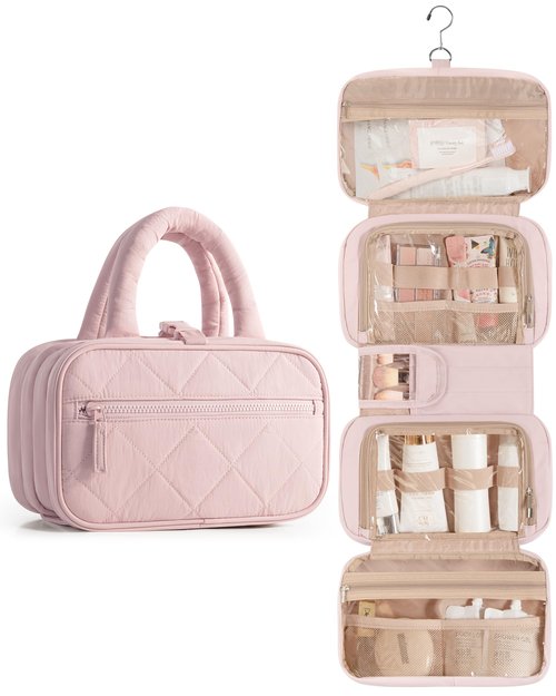 Marscamd Travel Toiletry Bag for Women with Hanging Hook, Puffy Makeup Organizer with Brushes Slots for Bathroom, Shower and Beauty Essentials, Pink