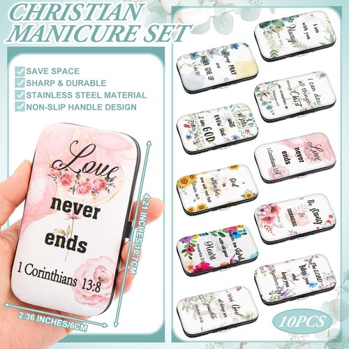 Lanties 10 Sets Christian Gifts Bulk for Women Church Bible Manicure Sets Floral Scripture Stainless Steel Nail Clipper Set Religious Gift for Employee Teacher Christmas Party Supplies