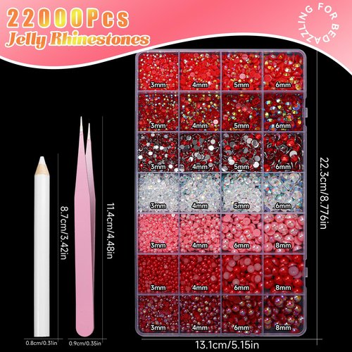 22000 Pcs Red Flatback Pearls and Rhinestones Bedazzling Kit, Resin Rhinestones Gems for Crafting, Mixed Size Half Pearls Gems for Nails Face Eyes Makeup Bottles Shoes DIY Crafts