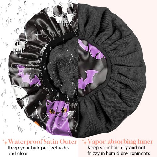 BHAHB Luxury Shower Cap Reusable Terry Cloth Lined EVA Triple Waterproof Layer Elastic Hair Bath Caps for Women Girls Cute-Cat