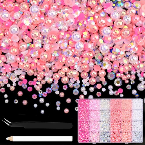 NACHLYNN 10000 Pcs Pink White Rhinestones and Pearls 3-8mm Half Pearl Bead Resin Rhinestones Kits Comes with Jewelry Pen and Tweezers Suitable for Nail Art Clothing Handmade DIY Decoration