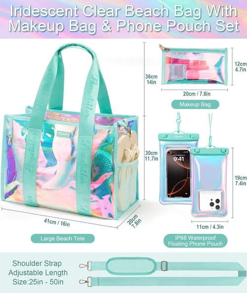 Bagstellar Iridescent Beach Tote Bag - Large Waterproof & Sandproof with Makeup Pouch | Adjustable Strap, Packable Travel Essential for Women