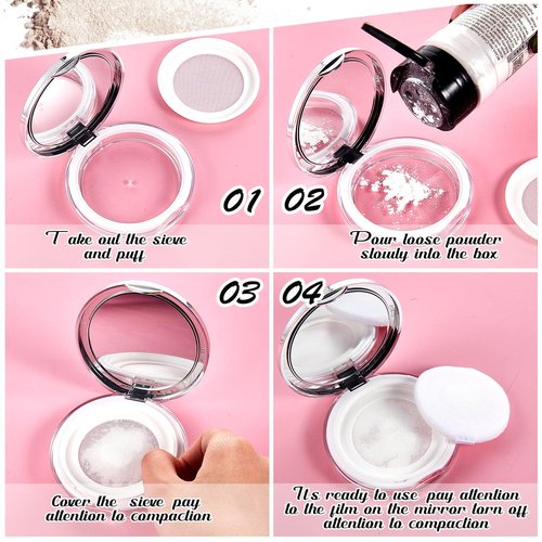 Cunhill 2 Pcs Loose Powder Container with Puff 0.17/0.7 oz Reusable Plastic Portable DIY Makeup Empty Powder Case with Mirror and Net Sifter(Silver, Black)