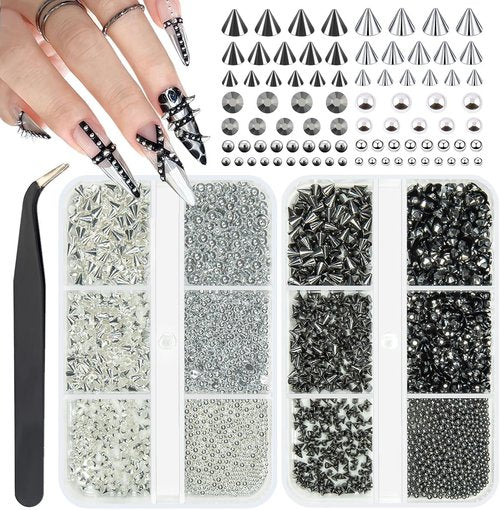 qiipii Metallic Black Silver 3D Mini Metal Punk Bullet Rivet Nail Charms Flat Bottomed Alloy Pointed Cone Spike Nail Art Rhinestones Pearls Gems Studs Steel Beads Balls for Acrylic Nails Goth Manicure
