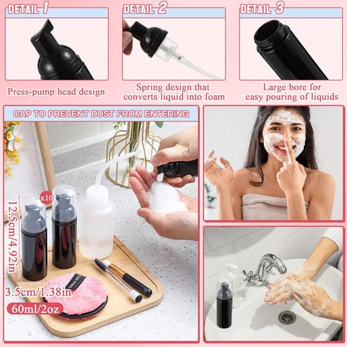 Dansib 60 Pcs Lash Shampoo Brushes Set 10 Lash Shampoo Brushes 10 Mascara Tubes and Wands 10 Foam Pump Bottle 10 Rinse Bottles 10 Makeup Remover Pad 10 Aftercare Drawstring Bag(Black,10 Pcs)