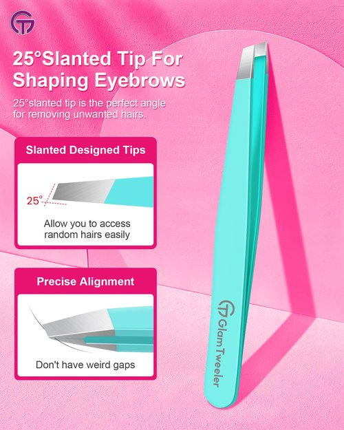 Expert Eyebrow Hair Removal Tweezer with Leather Case, GlamTweeler High Precision Slant Tip Stainless Steel Tweezers for Men and Women (Robin's Egg Blue)