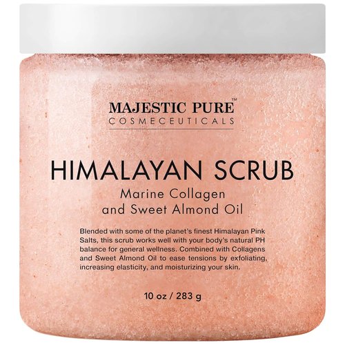 Majestic Pure Himalayan Pink Salt Body Scrub - Exfoliating Collagen & Sweet Almond Oil | 10 oz for Skin Care, Stretch Marks & Cellulite