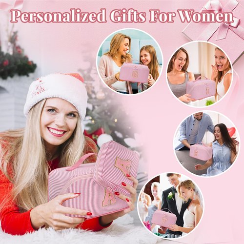 Easter Basket Gifts for Girls Women - Travel Makeup Bag for Women, 2Pcs Portable Personalized Initial Makeup Organizer Bag, Open Flat Large Cosmetic Bag With Travel Essential Pouch (Pink Letter A)
