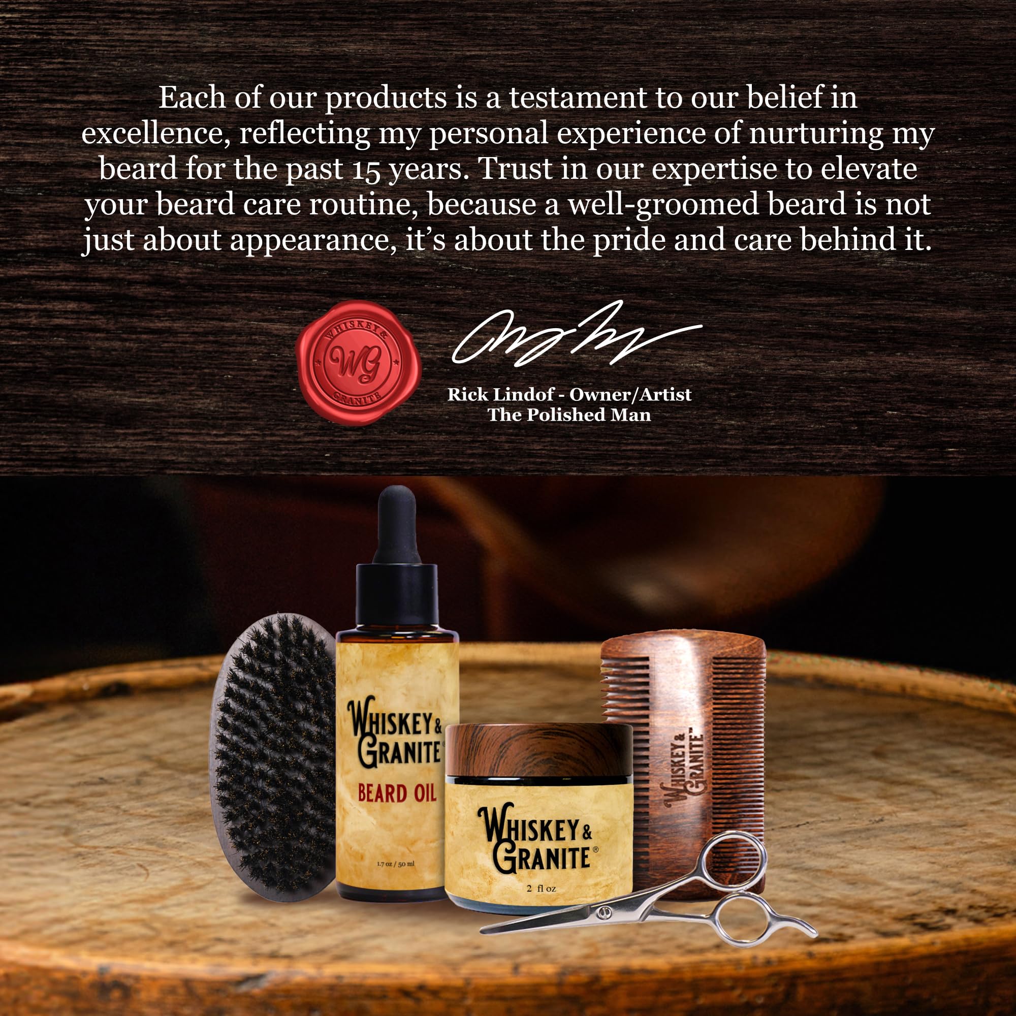 Whiskey & Granite Beard Kit for Men – 100% Natural Ingredients (Fresh Mint). Includes beard oil and balm, comb, brush, and scissors.
