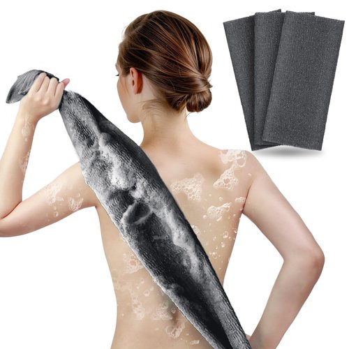 ARCH&M Exfoliating Washcloth, Japanese Bath Towel, Korean Exfoliation Scrub, Nylon Body Scrubber, Back Scrubber for Shower, Loofah Alternative - 3 Pack (Black x 3)
