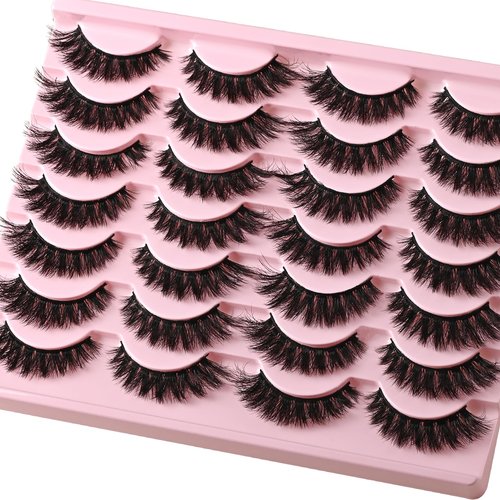 QUNETY Lashes Wispy False Eyelashes Cat Eye Lash Strips Natural Look Fake Mink Eyelash Pack 14 Pairs Lightweight Fluffy Cateye Strip Lashes Soft Cotton Band 6-13mm Demi Wispies Full Pestañas Postizas