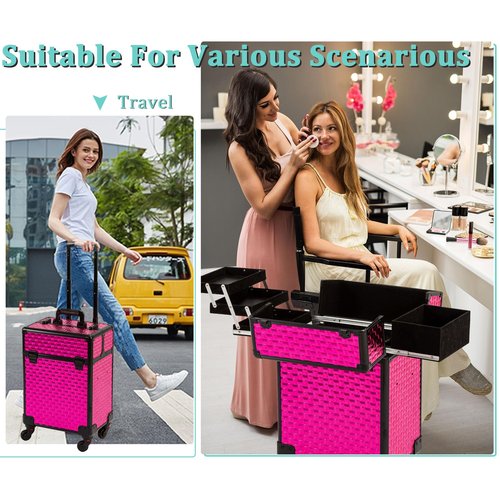 AROUS Rolling Makeup Train Case Cosmetic Travel Trolley with 4 Aluminum Trays with Sliding Rail Removable Middle Layer with Key Swivel Wheels Salon Barber Traveling Cart Trunk, Rose Red