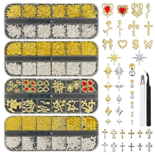 KINGNAME Gold Nail Charms and Gems Set, 4 Boxes Nail Gems Nail Pearls Nail Art Tools, 3D Cross Nail Charms Heart Nail Rhinestones for Nails Supplies, Charms for Nails Design Nail Art Kit