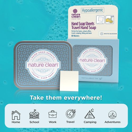 Nature Clean travel hand soap sheets for traveling - non-toxic, hypoallergenic, mini biodegradable paper soap sheets for travel, dissolvable portable soap for camping essentials refill - 80 units