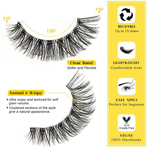 QUNETY Lashes Wispy False Eyelashes Natural Fake Lashes with Clear Band 10 Pairs Cat Eye Lashes Pack Reusable Lashes Natural Look Short Wispies Mink Eyelash Strips Cateye Lashes for Women