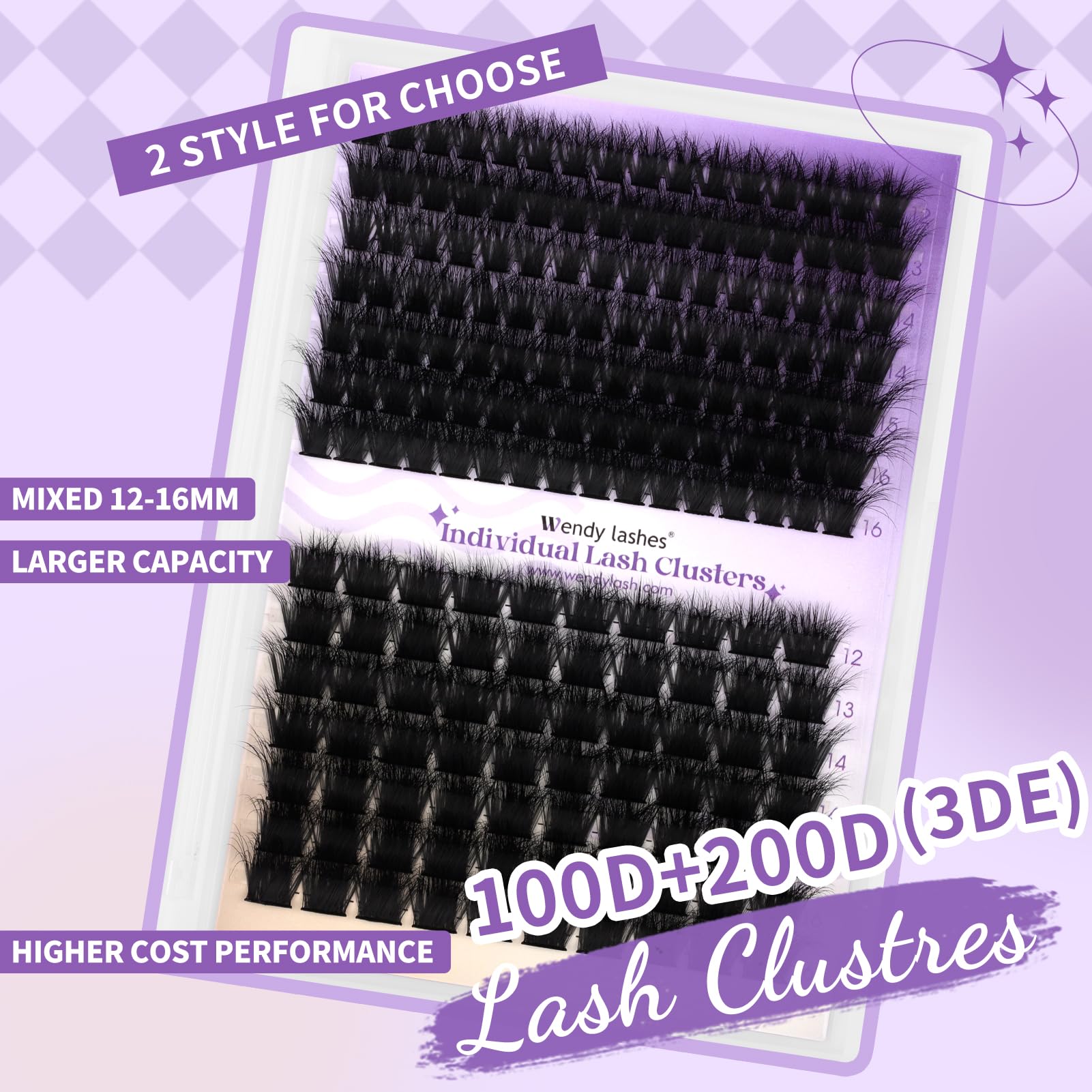 WENDY LASHES 3D-Effect Lash Clusters 100D+200D Eyelash Extensions 119PCS Wispy Lash Cluster 12-16mm Fluffy Eyelashes Cluster D-Curl Individual Lashes DIY Cluster