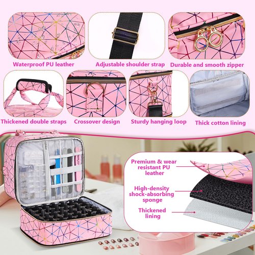 QIYFDDF Nail Polish Organizer Bag,3-layer Pink PU Leather Nail Organizer and storage,Holds 84 Bottles of Nail Polish and Nail Lamp,Large Holder Travel Carrying Case.