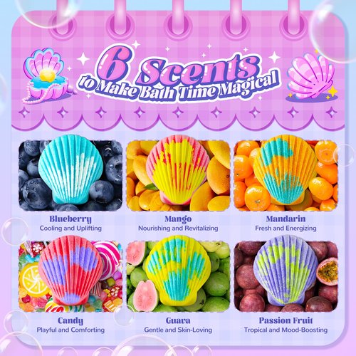 Shell Bath Bombs for Girls – 12 Pack Child-Safe Aromatherapy Bath Bombs with 20 Surprise Toys Inside, 6 Fruity Scents in 2 Gift Boxes (Mermaid & Unicorn Themes), Christmas Gift for Kids