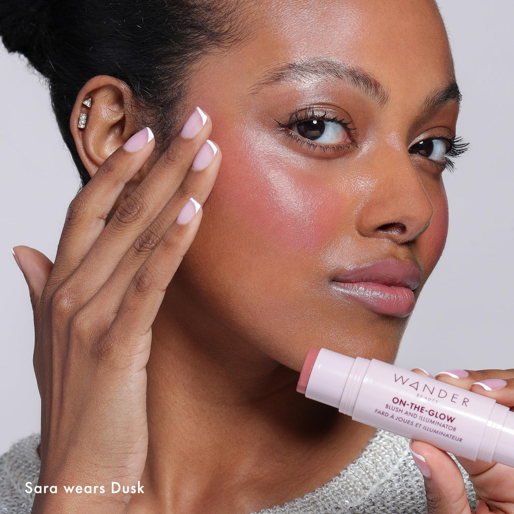 Wander Beauty On-the-Glow Blush and Illuminator - Dusk/Nude Glow - 7-in-1 Hydrating Cream Blush & Highlighting Stick - Stick Blush for Cheeks, Lip, Face & Body - Highlighter Makeup & Blush - 0.4 oz