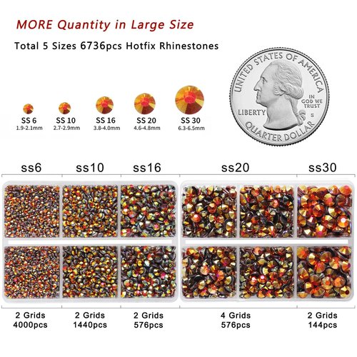 6736pcs Hotfix Rhinestones Flatback, Orange AB Rhinestones for Crafts Clothes Mixed 5 Sizes, Hotfix Crystals with Tweezers and Wax Pencil Kit, SS6-SS30, Hyacinth AB