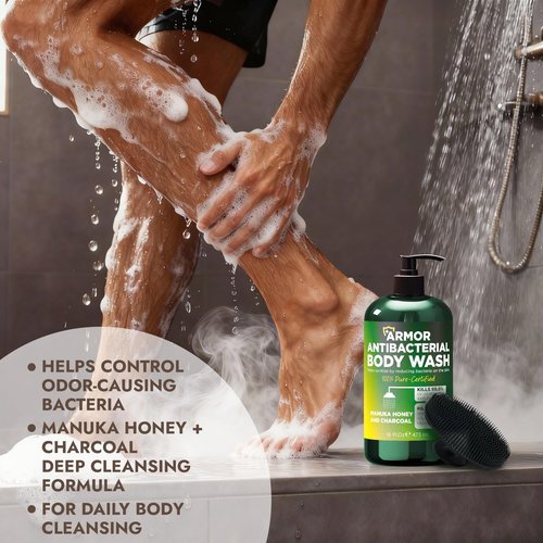 Antibacterial Body Wash | Antibacterial Soap for Men & Women | Kills 99.9% of Germs & Bacteria | Helps with Back Acne, Body Odor & Skin Irritation | Manuka Honey & Charcoal, 16 fl oz