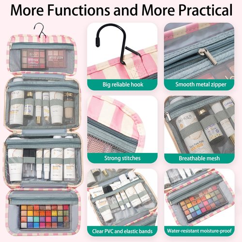 Apxouans Toiletry Bag for Women Travel Water-resistant Cosmetic Bag Fashion Stripes Makeup Bag with Hanging Hook Preppy for Store Toiletries Cosmetic Accessories Large Capacity Pink