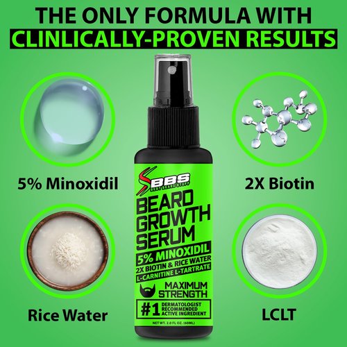Minoxidil for Beard Growth – 5% Serum with 2X Biotin & Rice Water, Promotes Thicker, Fuller Facial Hair, Ideal for Patchy Areas, Revitalizes Follicles
