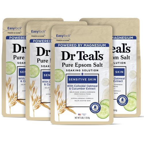Dr Teal's Epsom Salt Magnesium Soak, Sensitive Skin with Colloidal Oatmeal & Cucumber, 3 lbs (Pack of 4)