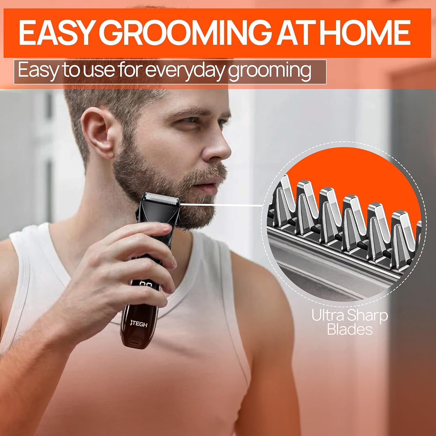 TEGH Men’s Beard & Hair Grooming Trimmer - Cordless, Waterproof, Rechargeable with Adjustable Guards