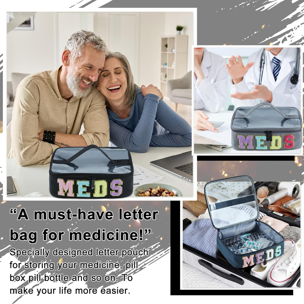 YUDEYG Medicine Bag Organizer for Travel - Large Transparent Top Pill Bottle Organizer with MEDS Patch, Water-Resistant Nylon Medication Bag for Toiletries & Cosmetics (Black, Navy, Gray) (Black)