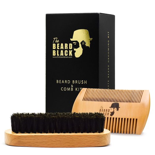 Beard Brush & Comb Set for Men - Natural Boar Bristle Brush, Dual Action Pear Wood Comb, Gift Box & Travel Pouch. Enhances Growth & Styling with Balm Oil Distribution by The Beard Black (Black)