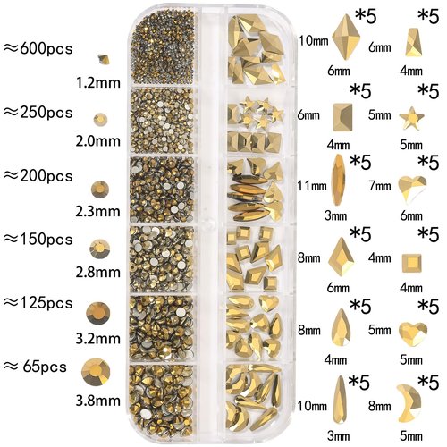 HNUIX Mine Golden Nail Rhinestones Kit Flatback Crystal Metallic Gold Gems Stones 1450Pcs Nail Art Gems Diamonds Jewels Multi Shapes Sizes Nail Charms Tweezer & Wax Pen for Nails DIY Faces Eyes Makeup