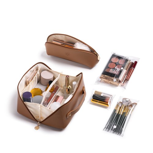 Travel Makeup Bag Waterproof Open Flat with Compartments, Large & Small Makeup Bag Organizer, PU Leather Toiletry Bag for Women, Cosmetic Bag, Make up Case Pouch, Make up Bags (5 Pieces Set)