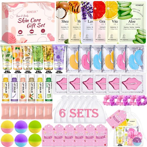 60PCS Spa Party Supplies for Girls, Include Face Masks, Hand Cream, Lip Balm, Foot Bath Bombs, Lip Mask, Under Eye Patches, Compressed Towels, Spa Birthday and Sleepover Party Supplies for Girls Women
