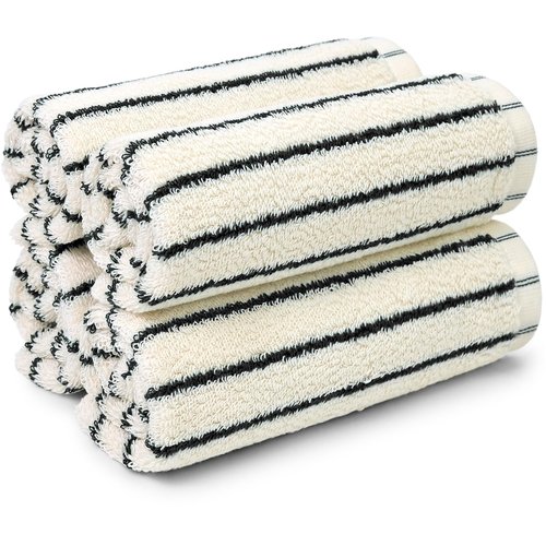 Jacquotha Striped Cotton Washcloths 4 Pack, 13” x 13” - Soft Wash Cloths for Bathroom, Kitchen, Gym, Face, Black and Cream