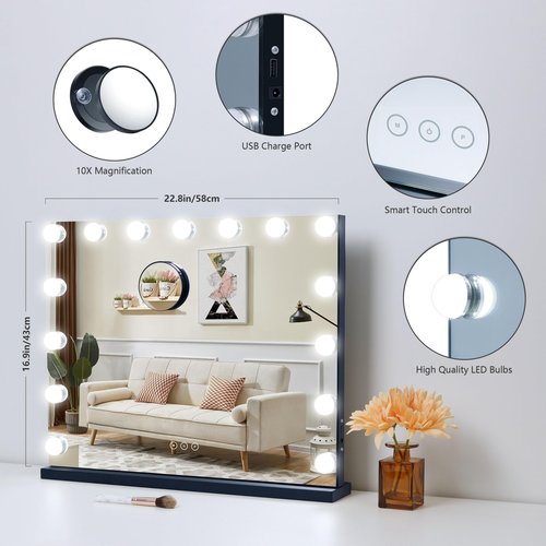 NUSVAN Vanity Mirror with Lights Lighted Makeup Mirror with 15 Dimmable LED Bulbs,3 Color Lighting Modes,USB Charging Port Touch Control,Sturdy Metal Frame Design 22.8x18 Inch,Black