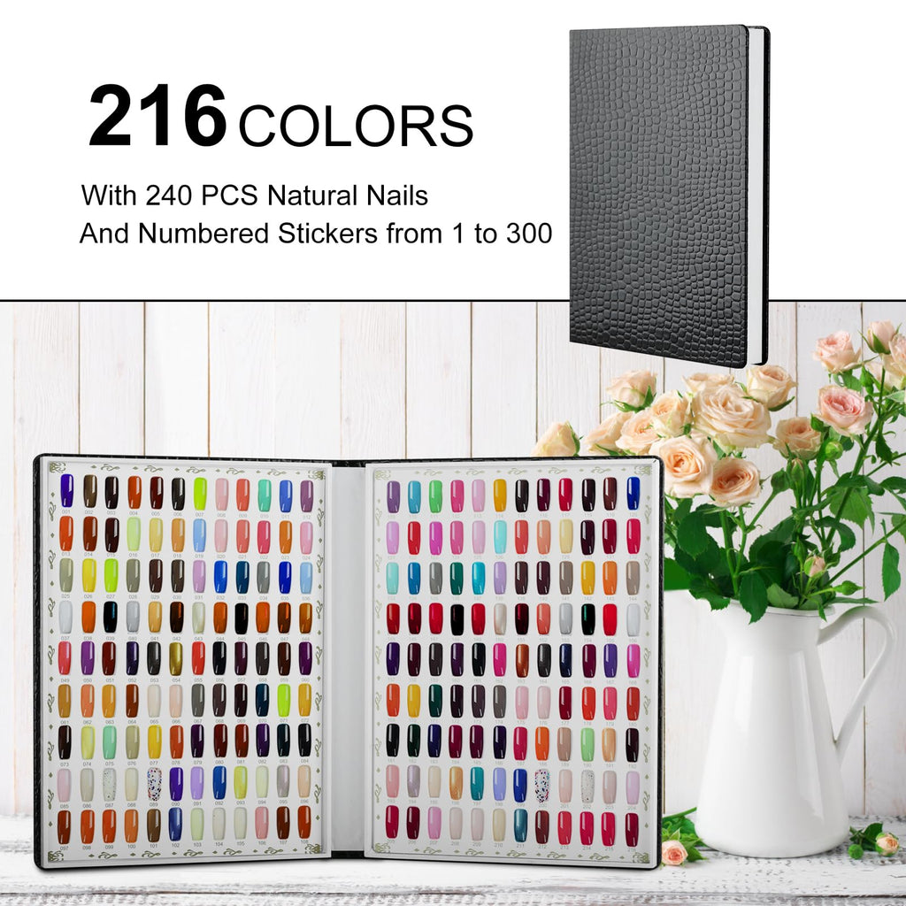 vnjaoi 216 Nail Color Chart Display Book with 240PCS False Nail Tips, UV Gel Polish Card Book, Nail Art Salon Nail Design Display Booklet, Nail Color Swatches Nail Practice Card Board