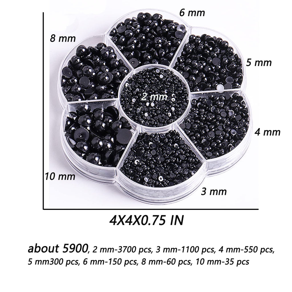 Xenophoer 5900 Pcs Half Pearls for Crafts Black Nail Pearls for Nail Art Falt Back Pearls for Makeup Craft Pearls for Artists Creative DIY Flatback Pearls for Nails (2/3/4/5/6/8/10mm) , (ZZ003)
