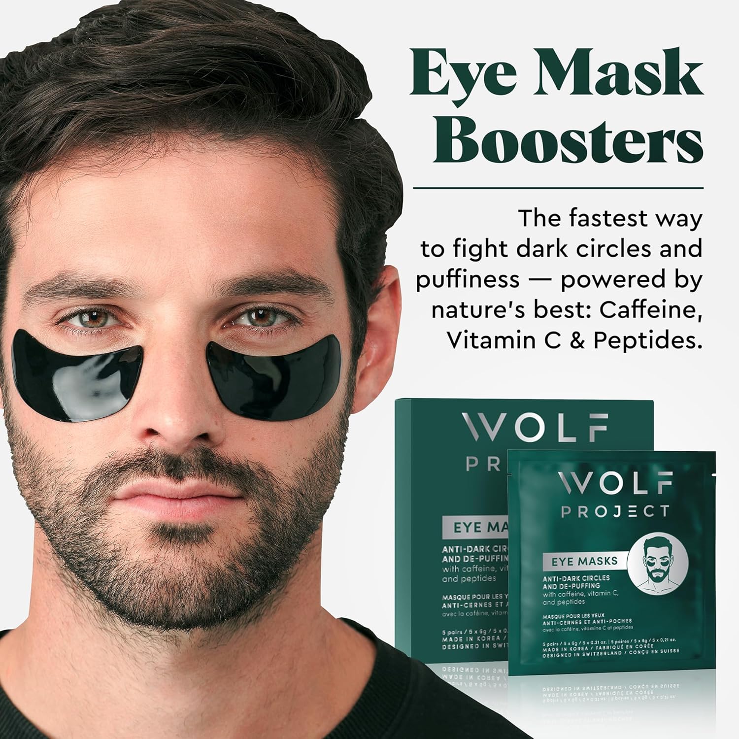 Wolf Project Under Eye Patches - Reduce Dark Circles & Puffiness with Caffeine, Vitamin C & Peptides | 5 Pairs
